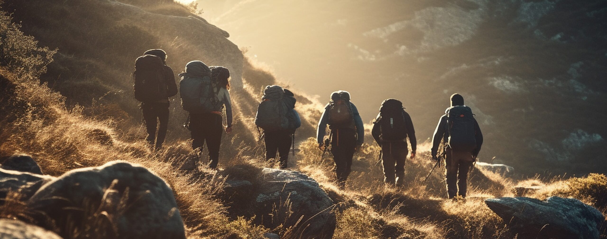 Un Grupo De Personas Caminando Por Las Montanas Con El Sol Brillando Sobre Ellos Scaled